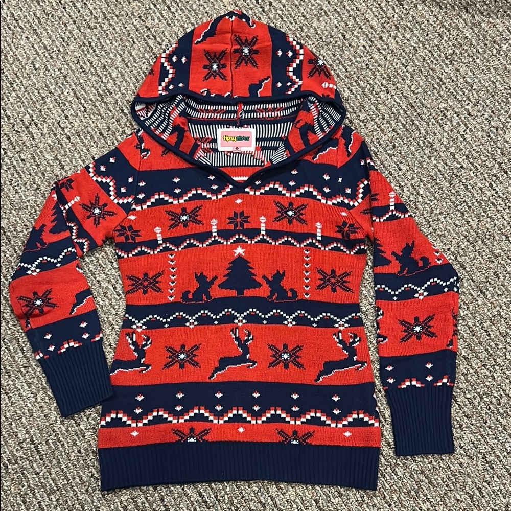 Tipsy Elves Hooded Festive Red and Blue Sweater